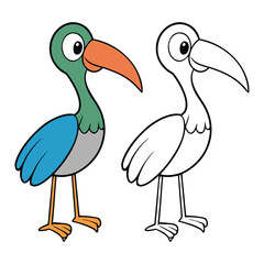 Cartoon Bird Coloring Page – Split Design with Colorful Standing Bird and Outline Version for Kids’ Nature Learning and Fun