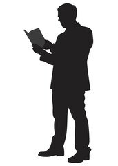 Silhouette of a man reading a book while standing upright