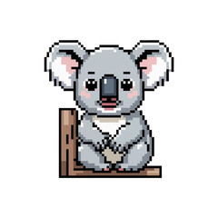 Small pixel koala perched on log, big ears, rosy cheeks, minimalist background, charming retro sprite, vector graphic