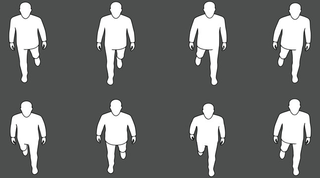 Vector art of overhead view of people walking isolated on gray background, perfect for urban planning, crowd simulation, and architectural rendering, offering a unique perspective on pedestrian flow