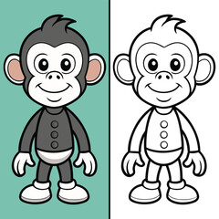 Cartoon Monkey Coloring Page – Split Design with Outlined and Colored Versions for Kids’ Fun, Learning, Creativity, and Printable Activities