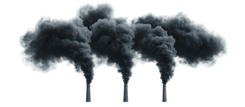 Three smokestacks emitting dark plumes against a black background