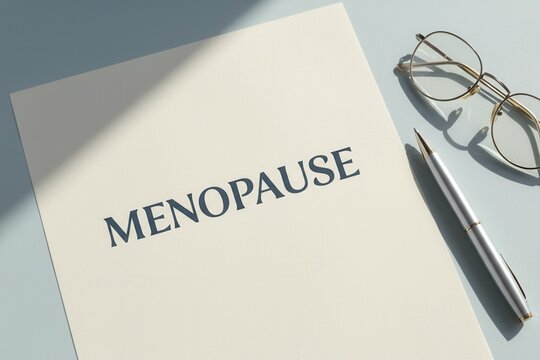 The word menopause on a document with glasses and a pen. Women's health, aging, and hormonal change concept. Flat lay with copy space on a blue background