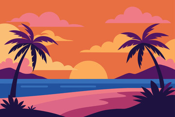 Sunset beach scene with palm trees and pink sand