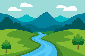 Obraz premium Cartoon landscape with river mountains and clouds