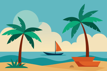Fototapeta premium Illustration of tropical beach with palm trees boat