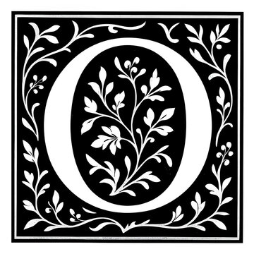 Renaissance decorative initial letter "O" with ornamental floral engraving, vintage black and white typography, isolated on transparent background PNG. Illustration by Generative AI.