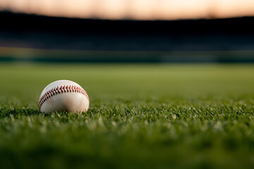 Close-up of a baseball resting on green grass, bathed in the warm hues of sunset, conveying a serene sporting scene. It has a blurred background of sports field.