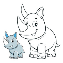 Cartoon Rhino Coloring Page – Split Illustration with Colored Baby and Outline Adult Versions for Kids’ Wildlife Learning and Creative Fun