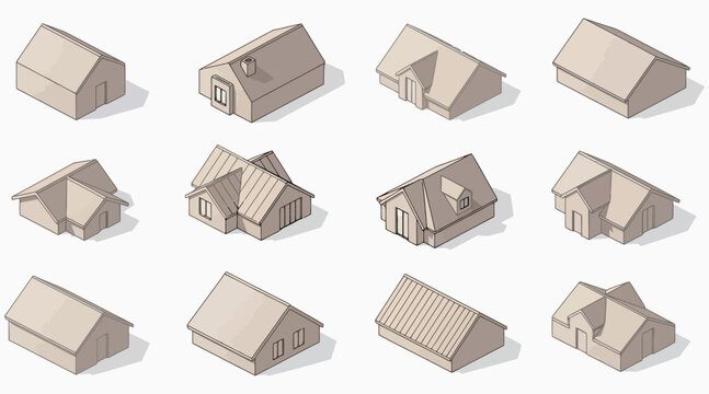 Vector art of isometric house set collection of different house roof types vector illustration of building model for real estate or construction company