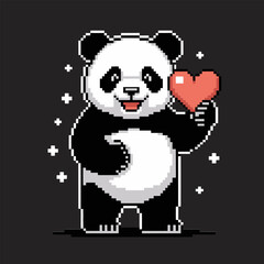 happy pixel panda with heart, sparkling star background, charming retro animal icon, sweet love themed graphic