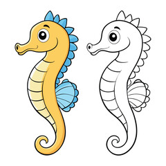 Cartoon Seahorse Coloring Page – Split Illustration with Colored and Outline Versions for Kids’ Ocean Learning, Creativity, and Fun Activities