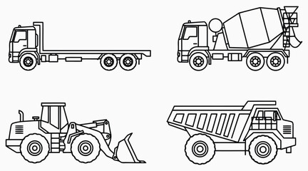 Vector art of construction vehicles line drawing flatbed truck, concrete mixer, wheel loader, and dumper truck in black and white vector illustration © S.Siam