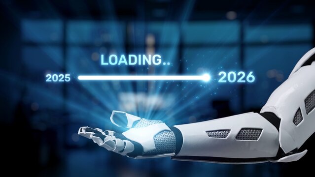 A sleek robotic arm showcases a dynamic loading animation between 2025 and 2026, representing innovation and technology in a futuristic, digital setting. Synapse
