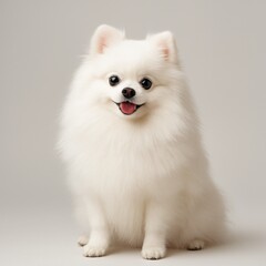 Fluffy white pomeranian dog sitting on gray background