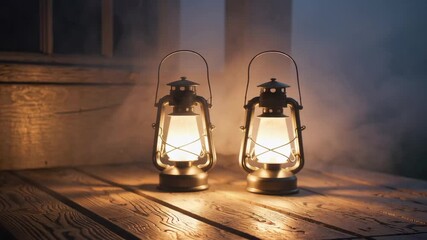 Twin lanterns casting warm glow in misty twilight on rustic wooden porch - Powered by Adobe