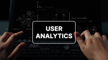 Hands interacting with data visualizations on a laptop showcasing user analytics metrics and insights. Asymptotic smart data analytic.