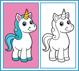 Cartoon Unicorn Coloring Page – Split Illustration with Colored and Outline Versions for Kids’ Creative Fun, Learning, and Magical Imagination
