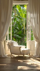Obraz premium Luxurious armchair bathed in sunlight opens to lush tropical garden, offering serene escape and elegant relaxation indoors