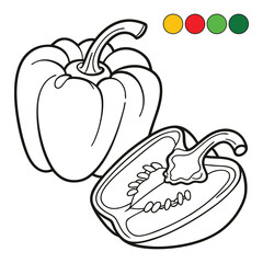 Bell Pepper Anatomy Coloring Page – Whole and Sliced Vegetable Line Art with Color Reference Circles for Kids and Educational Use