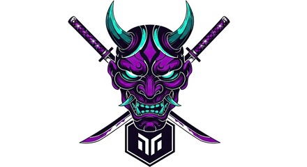 Awesome Samurai Oni Mask Design with Crossed Swords and Emblem
