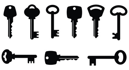 Variety of black silhouette keys displayed in a simple arrangement