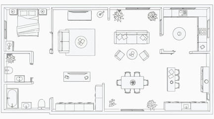 Vector art of detailed architectural floor plan showcasing a comprehensive layout of a residential space, including bedrooms, living areas, dining space, and bathrooms © S.Siam