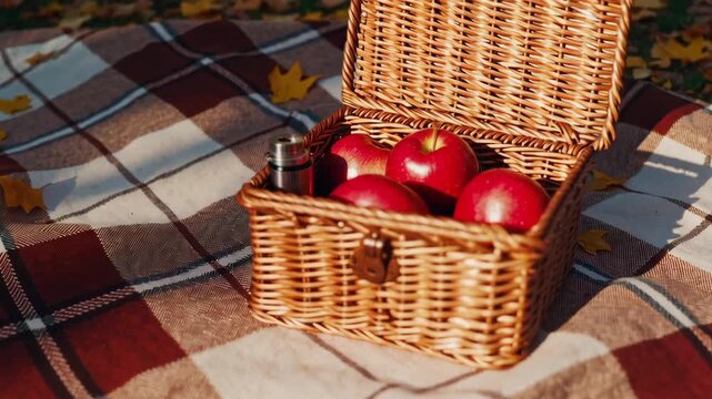 Autumn picnic scene with wicker basket of red apples on plaid blanket in sunlit park