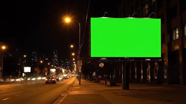 Night City Roadside Billboard with Green Screen Mockup | Urban Advertisement Display with Chroma Key in 4K UHD