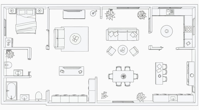 Vector art of detailed architectural floor plan showcasing a comprehensive layout of a residential space, including bedrooms, living areas, dining space, and bathrooms