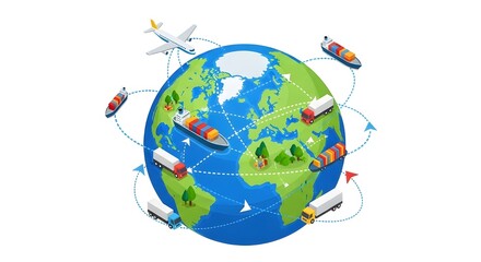 Naklejka premium Global Commerce Network.Isometric flat vector of a globe surrounded by cargo ships, airplanes, and trucks connected by arrows and shipping routes.