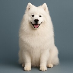 Fototapeta premium White samoyed dog sitting happily on gray background