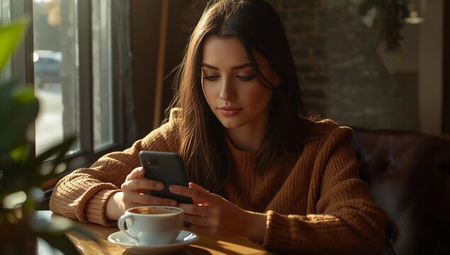 A beautiful girl relaxing with a cup of coffee and a smartphone in a cozy interior.