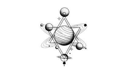 Planetary System Ink Drawing with Geometric Elements on Transparent Background