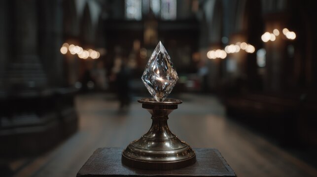 Illuminated crystal sculpture on ornate stand in a dark architectural interior