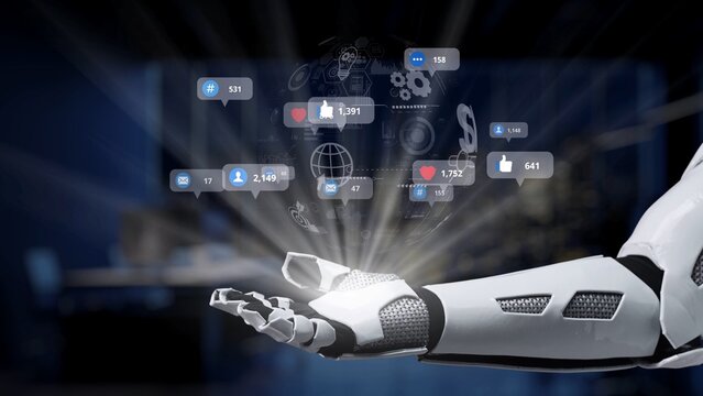 A futuristic robotic arm showcases various floating social media reaction icons in a modern tech environment, symbolizing digital communication and user engagement. Synapse