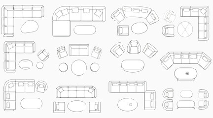 Vector art of overhead furniture arrangement plan includes sofas, chairs, and tables, simple line drawing style for interior design projects