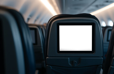 Airplane seat with blank screen. Travel and in-flight entertainment on modern commercial passenger plane. Mockup, display template, for travel.