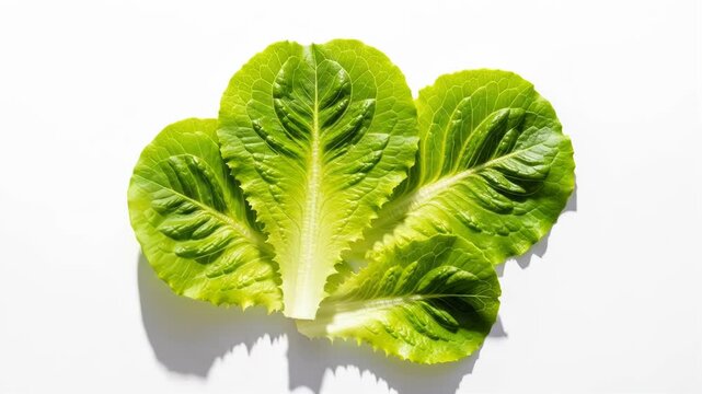 Fresh, vibrant, green romaine lettuce leaves over pure white background