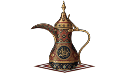 Ornate Golden Coffee Pot with Arabic Script on Black
