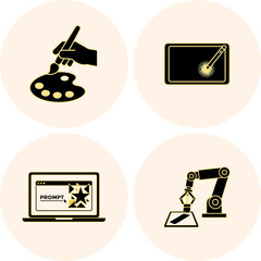 The evolution of the creative process: from traditional painting to digital art and AI-generated images. A set of 4 images.