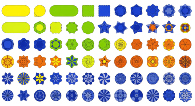 Collection of abstract geometric shapes and floral patterns in yellow green blue and orange image