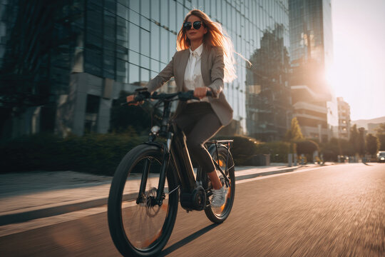 Businesswoman commuting through electric bicycle on road near building