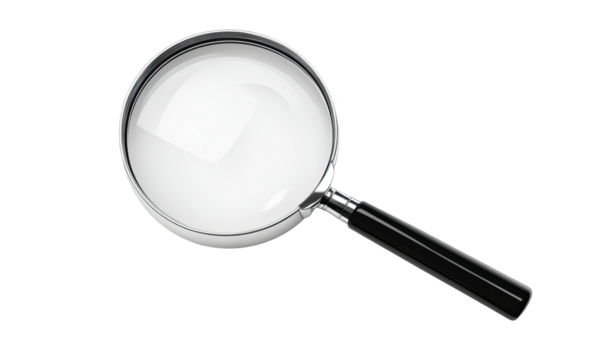 Magnifying glass with chrome frame and dark handle on black background