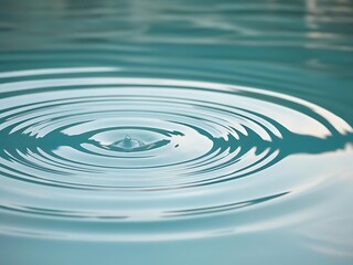 Water ripple in calm blue surface, concentric circles pattern from single drop, abstract minimal background