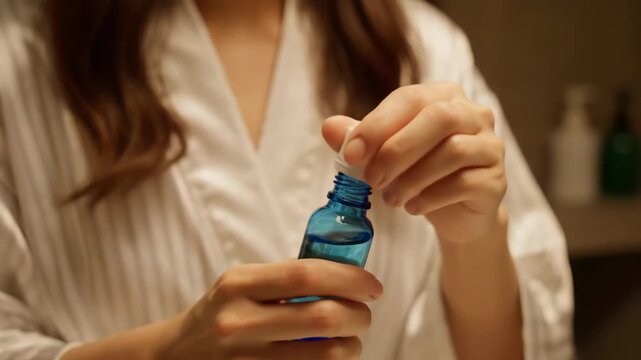 A woman in a white robe opens a small blue bottle of essential oil or serum for a beauty treatment vector illustration