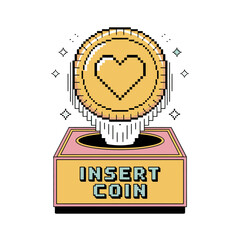 Insert coin box with pixel heart, retro arcade interface, start game concept, simple bold design, vector graphic