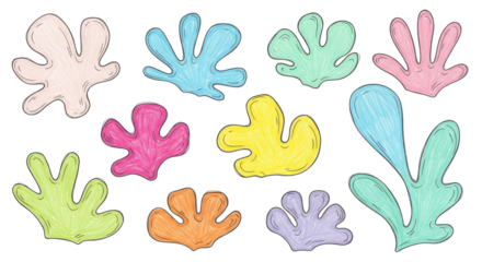 Collection of colorful abstract organic shapes with hand-drawn outlines on black pastel colors pink