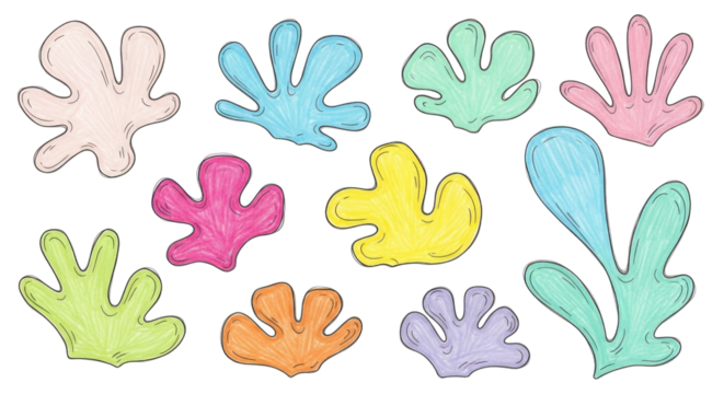 Collection of colorful abstract organic shapes with hand-drawn outlines on black pastel colors pink