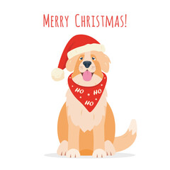 Happy Dog dressed in festive Christmas clothes. Christmas or New Year dog character in Santa hat for greeting card or banner. Flat vector illustration isolated on white background.